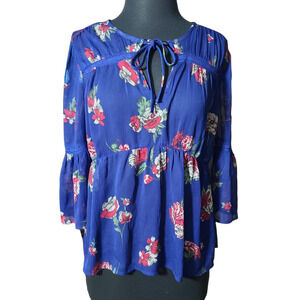 Lucky brand semi sheer blouse peplum floral blue sz M